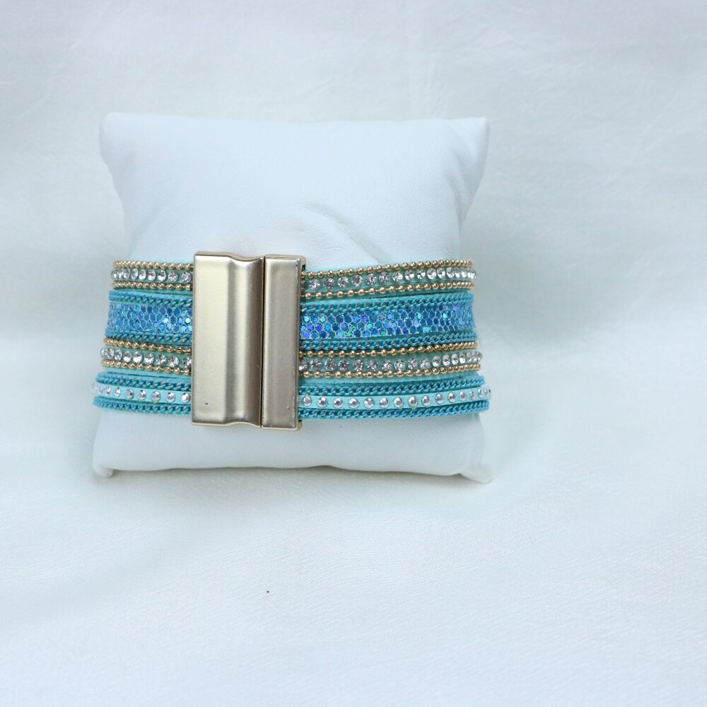 Blue Rhinestone Multi-Strand Wrap Bracelet | Gold Tone Accents - Picture 2 of 5